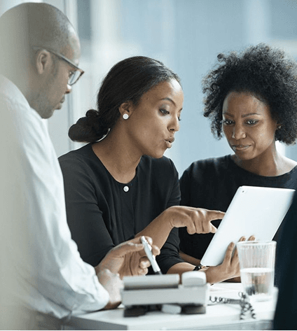 Business meeting with team discussing strategy