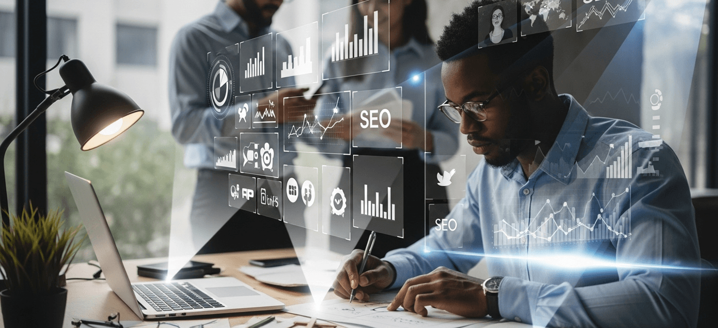Professional working with digital analytics and SEO overlays