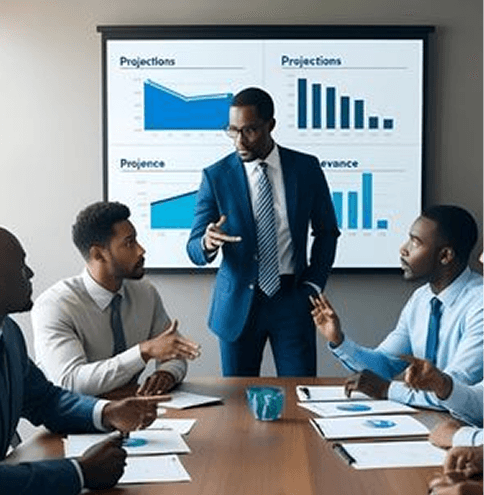 Business meeting with team discussing strategy