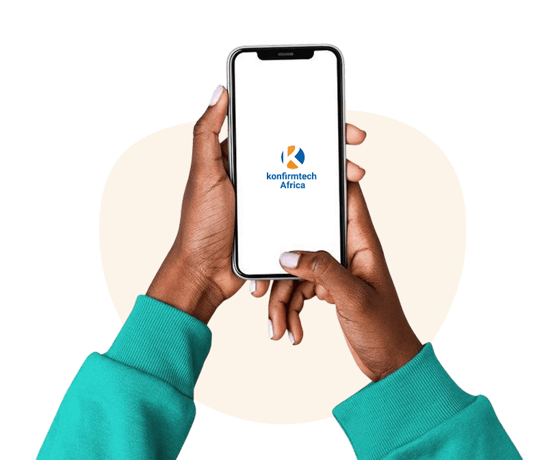 Hands holding smartphone with KonfirmTech Africa logo